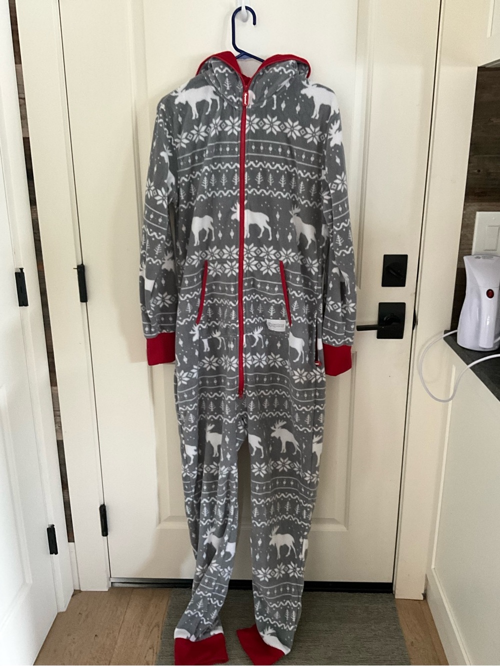 Tipsy Elves Gray and White Moose Print Hooded Pajama Onesie with Red Trim
